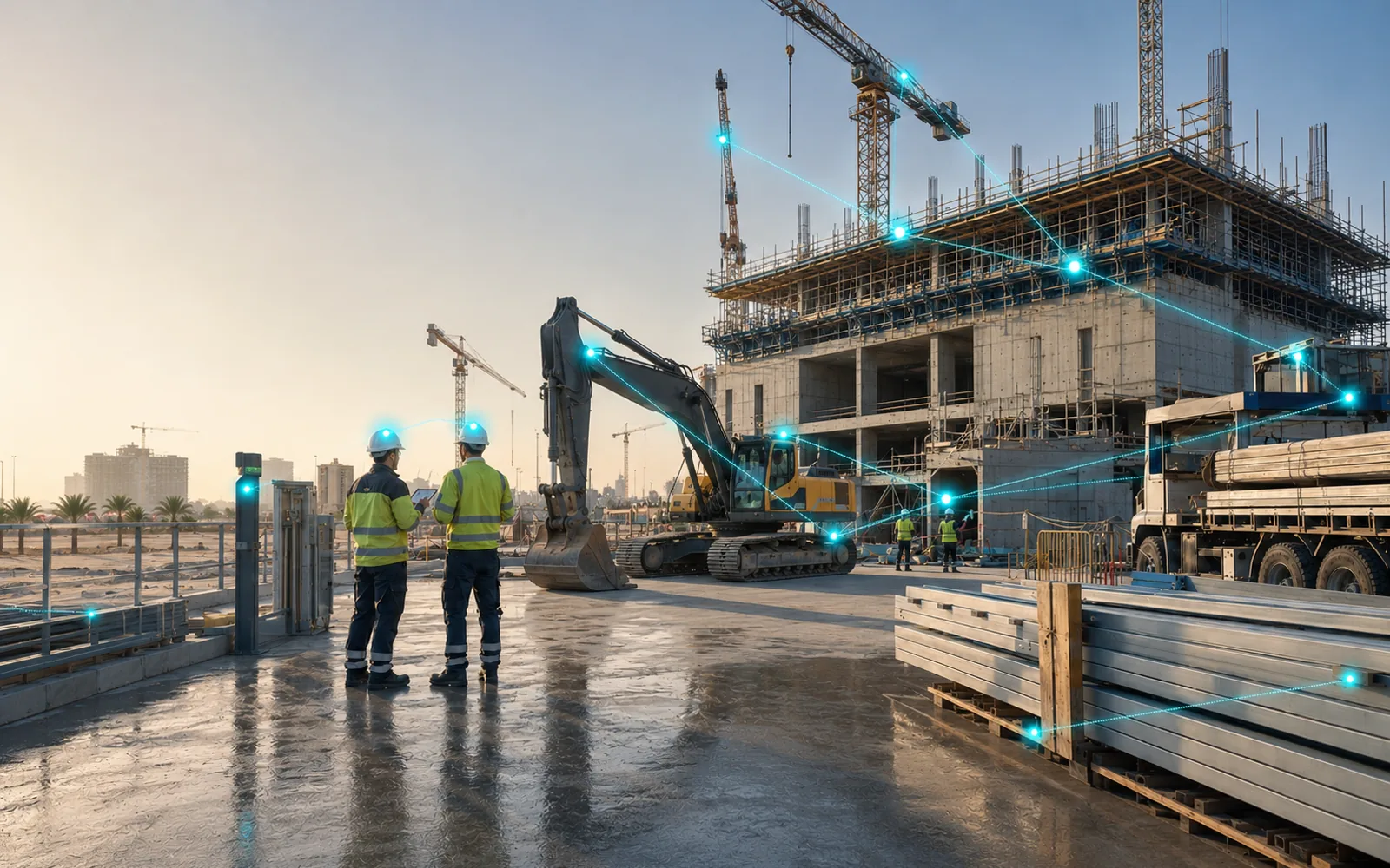 Construction site at dusk with engineers reviewing a tablet, cranes and an excavator, overlaid with connected sensor points