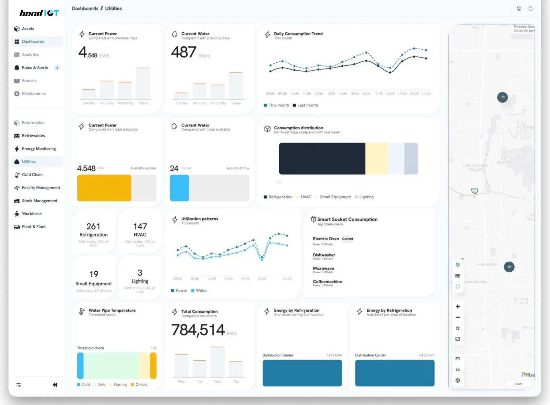 Bond IoT utilities dashboard showing electricity, water, consumption patterns, equipment demand and mapped assets.
